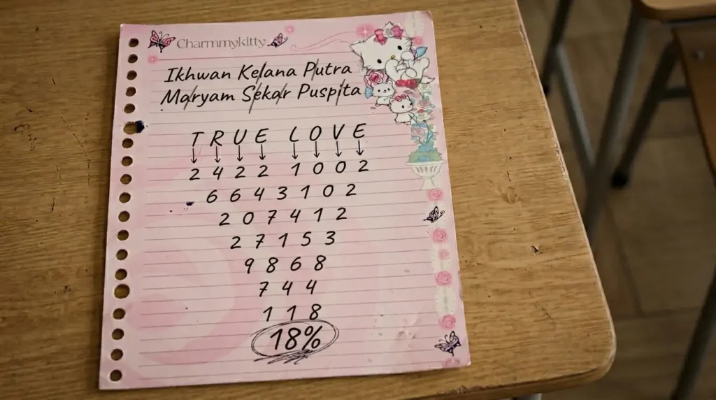 oretan tulisan tangan pulpen hitam di atas kertas binder merah muda Charmmykitty, menampilkan rumus ramalan cinta matematika segitiga terbalik metode TRUE LOVE untuk nama Ikhwan Kelana Putra dan Maryam Sekar Puspita dengan hasil akhir 18 persen.