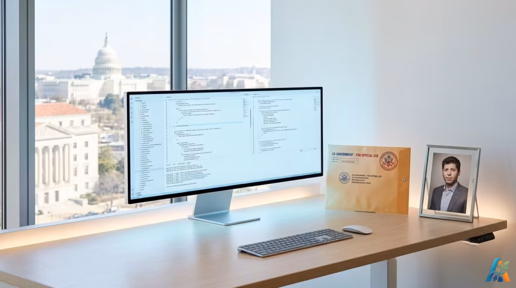 Ilustrasi ruang kerja modern dengan monitor menampilkan baris kode dan foto Sam Altman di atas meja menghadap pemandangan gedung Capitol AS.