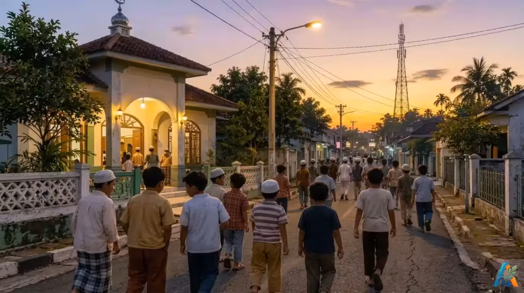 Ilustrasi suasana Subuh di Merauke saat bulan Ramadan, anak-anak keluar dari masjid dan berjalan ramai-ramai di jalan yang masih sepi, dengan langit pagi yang mulai terang, lampu jalan, rumah-rumah, dan pepohonan di sekitarnya.