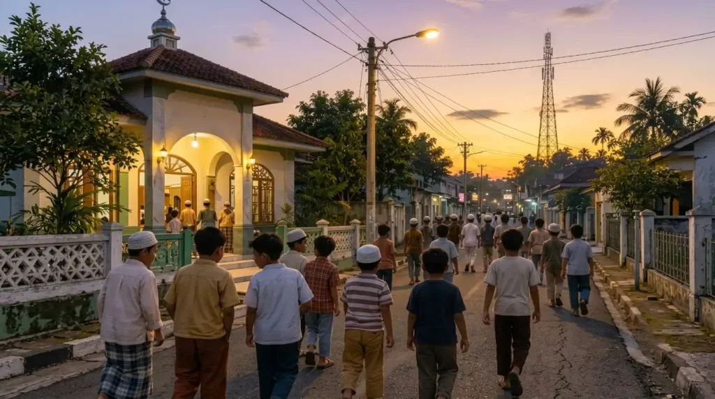 Ilustrasi suasana Subuh di Merauke saat bulan Ramadan, anak-anak keluar dari masjid dan berjalan ramai-ramai di jalan yang masih sepi, dengan langit pagi yang mulai terang, lampu jalan, rumah-rumah, dan pepohonan di sekitarnya.