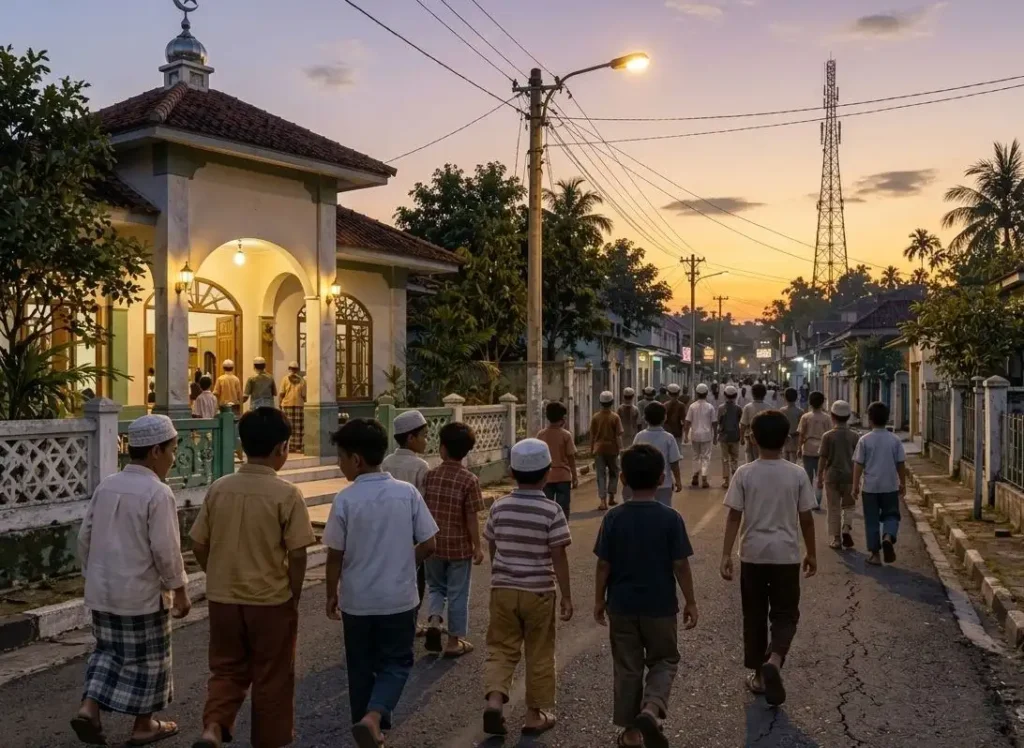 Ilustrasi suasana Subuh di Merauke saat bulan Ramadan, anak-anak keluar dari masjid dan berjalan ramai-ramai di jalan yang masih sepi, dengan langit pagi yang mulai terang, lampu jalan, rumah-rumah, dan pepohonan di sekitarnya.