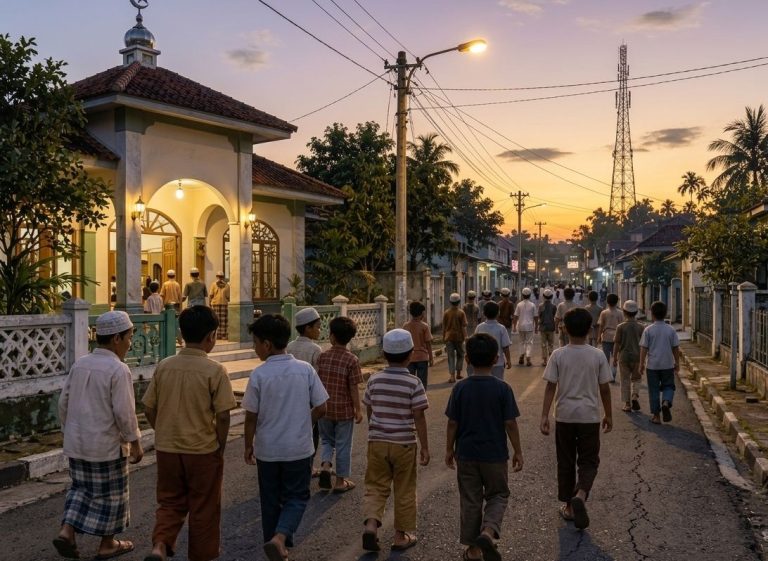 Ilustrasi suasana Subuh di Merauke saat bulan Ramadan, anak-anak keluar dari masjid dan berjalan ramai-ramai di jalan yang masih sepi, dengan langit pagi yang mulai terang, lampu jalan, rumah-rumah, dan pepohonan di sekitarnya.