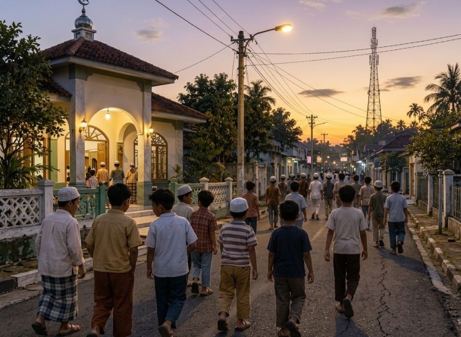 Ilustrasi suasana Subuh di Merauke saat bulan Ramadan, anak-anak keluar dari masjid dan berjalan ramai-ramai di jalan yang masih sepi, dengan langit pagi yang mulai terang, lampu jalan, rumah-rumah, dan pepohonan di sekitarnya.