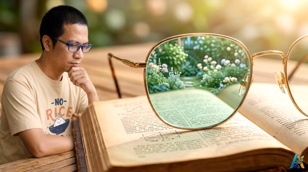 Laki-laki Asia merenung melihat buku tua terbuka melalui kacamata emas besar yang menampilkan pemandangan taman bunga yang cerah dan berwarna-warni.
