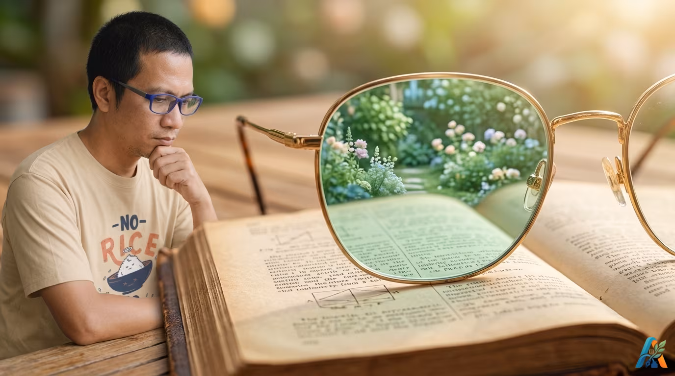 Laki-laki Asia merenung melihat buku tua terbuka melalui kacamata emas besar yang menampilkan pemandangan taman bunga yang cerah dan berwarna-warni.