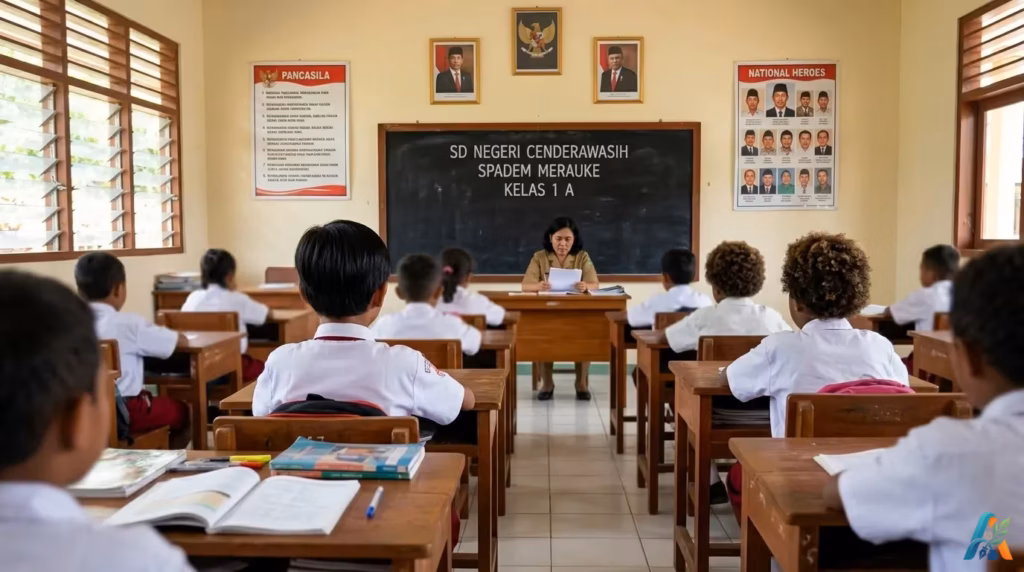 Ilustrasi suasana kelas 1A SD Spadem Merauke tahun 1986. Siswa berseragam SD duduk rapi menghadap guru di depan papan tulis.