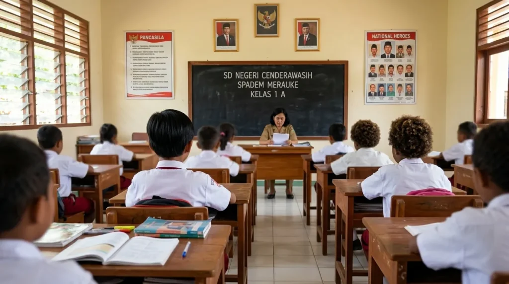 Ilustrasi suasana kelas 1A SD Spadem di Merauke tahun 1986, seorang anak laki-laki duduk diam di bangku kayu sambil menoleh ke arah teman-teman sekelas yang belum akrab, dengan papan tulis, foto Presiden dan Wakil Presiden, poster Pancasila, dan jendela nako di ruang kelas.
