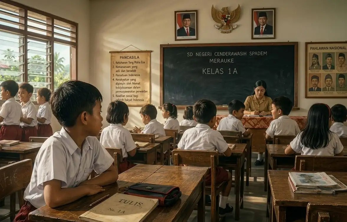 Ilustrasi suasana kelas 1A SD Spadem di Merauke tahun 1986, seorang anak laki-laki duduk diam di bangku kayu sambil menoleh ke arah teman-teman sekelas yang belum akrab, dengan papan tulis, foto Presiden dan Wakil Presiden, poster Pancasila, dan jendela nako di ruang kelas.