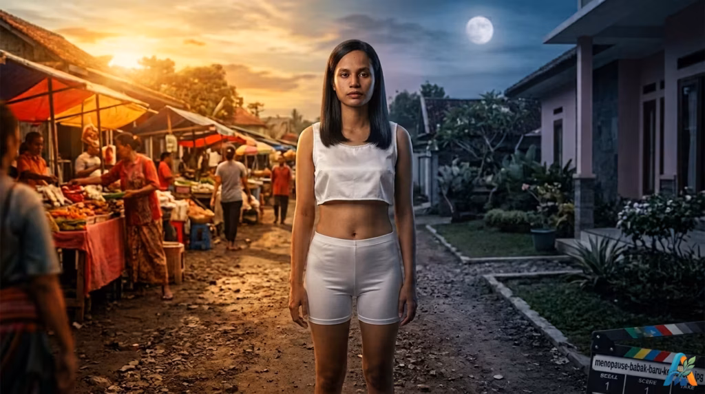 Wanita berdiri di jalan tanah desa berlatar pasar tradisional saat senja dan bulan purnama.