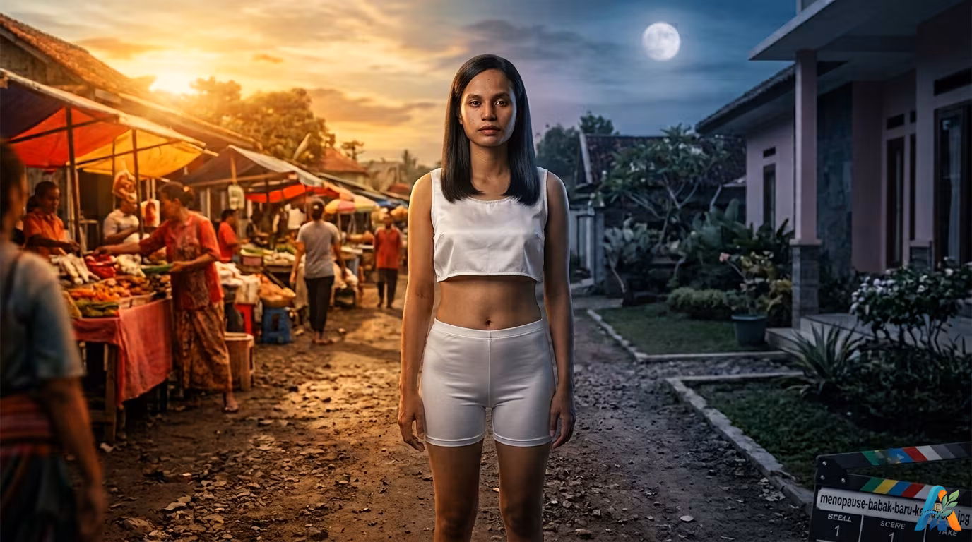 Wanita berdiri di jalan tanah desa berlatar pasar tradisional saat senja dan bulan purnama.