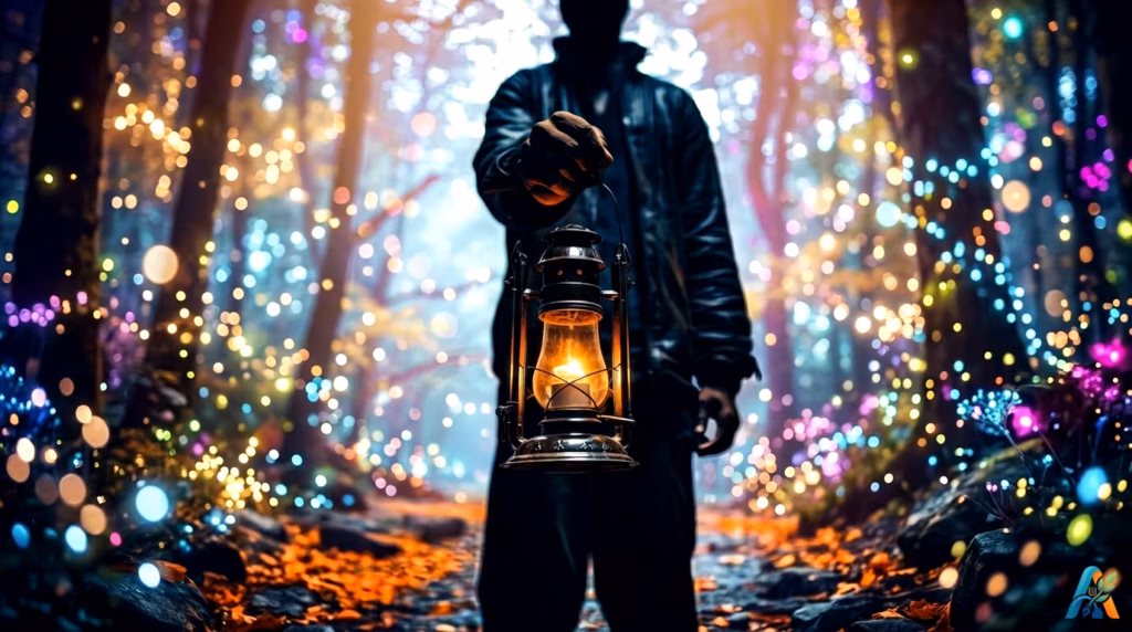 Seseorang berdiri di tengah hutan dengan lampu pelita, menciptakan suasana magis dan misterius dengan cahaya hangat di antara pepohonan.