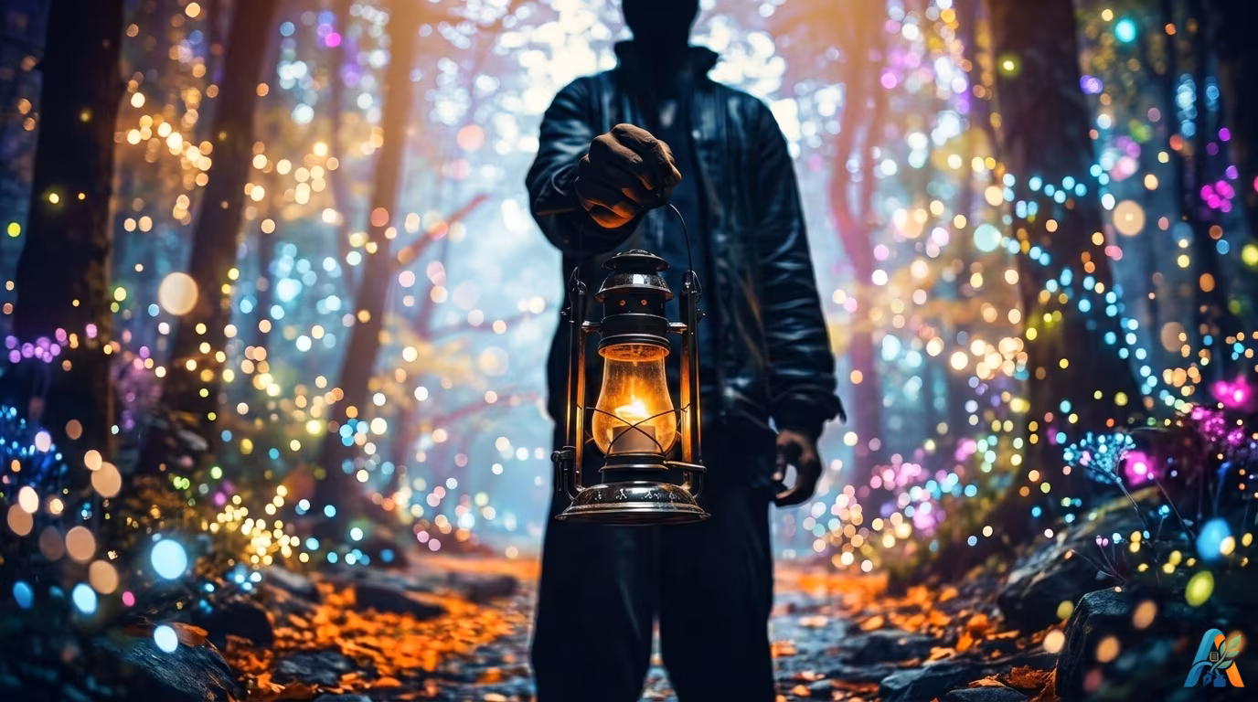 Seseorang berdiri di tengah hutan dengan lampu pelita, menciptakan suasana magis dan misterius dengan cahaya hangat di antara pepohonan.