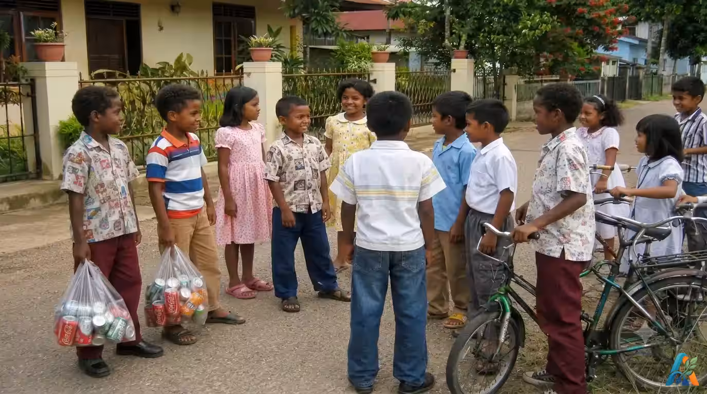 Sekelompok anak di Merauke berkumpul saat Lebaran memakai baju baru dan membawa kantong plastik berisi minuman kaleng dengan latar rumah 1980-an.