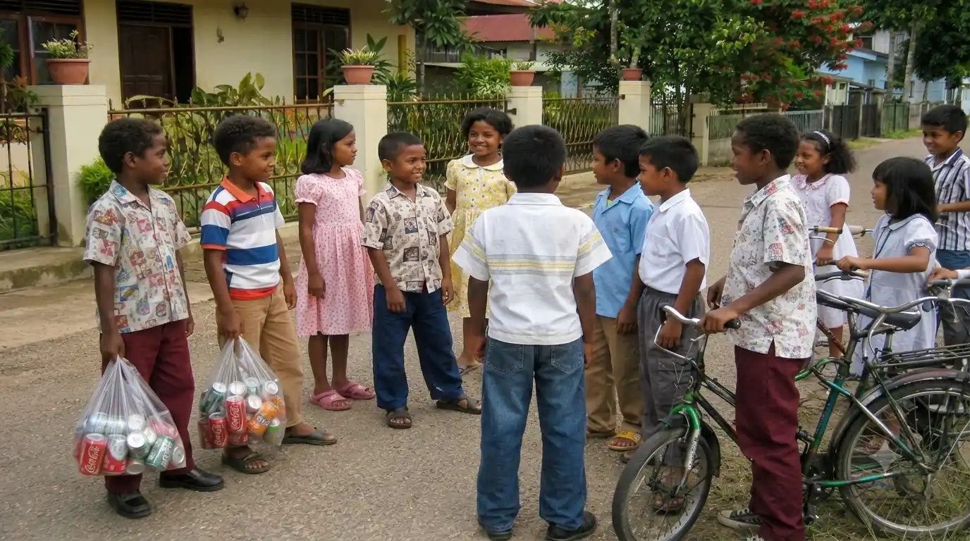 Sekelompok anak-anak Papua dan non-Papua berdiri rame-rame di jalan perumahan Merauke pada hari Lebaran, memakai baju baru, sebagian pegang kantong plastik berisi minuman kaleng, dengan sepeda dan rumah-rumah modern tahun 1980-an di latar belakang. Kalau ko mau versi yang sedikit lebih pendek untuk blog: Anak-anak di Merauke saat Lebaran berdiri rame-rame di jalan perumahan, memakai baju baru dan membawa kantong plastik berisi minuman kaleng.