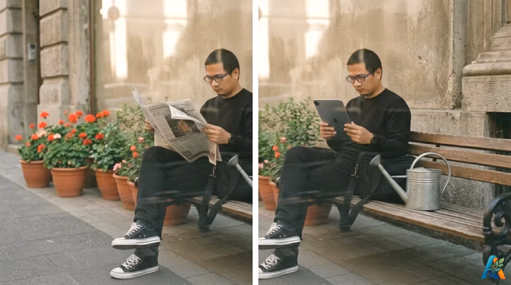 Seseorang yang awalnya membaca koran fisik kini beralih menggunakan tablet, menggambarkan transisi kebiasaan membaca berita di era digital.
