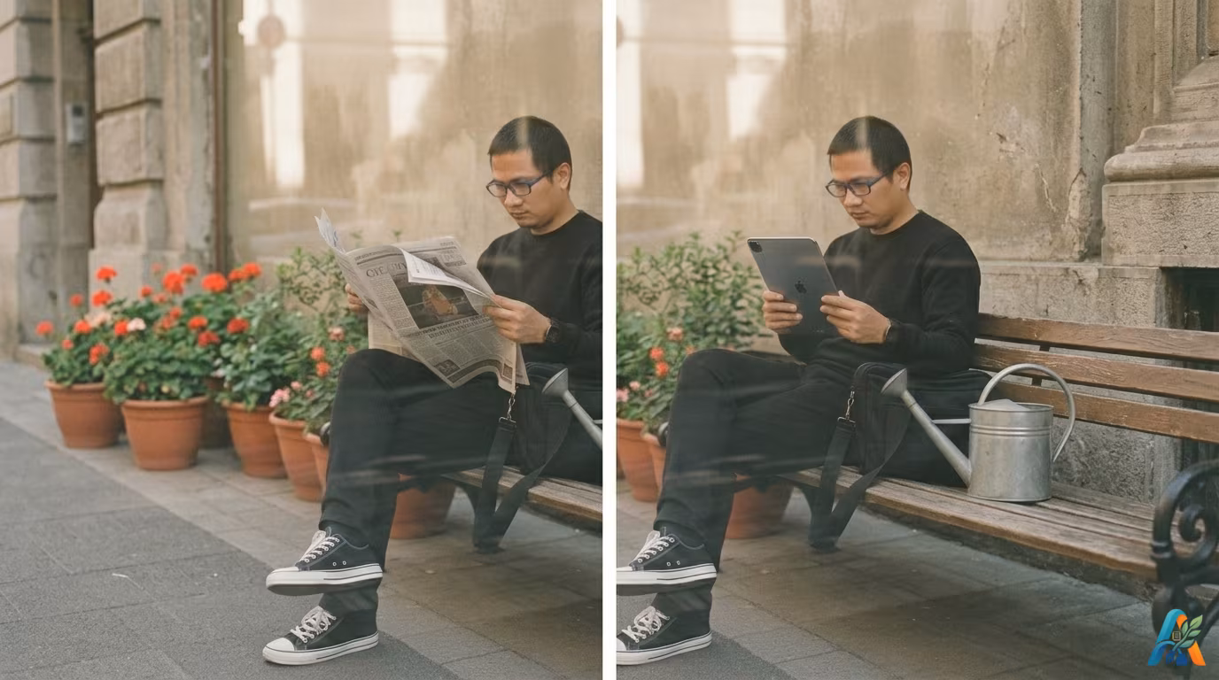 Seseorang yang awalnya membaca koran fisik kini beralih menggunakan tablet, menggambarkan transisi kebiasaan membaca berita di era digital.