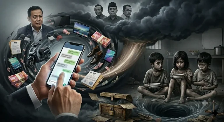 Ilustrasi konseptual skandal korupsi program makan bergizi gratis, menampilkan kontras antara pusaran bukti digital pejabat dan anak-anak kelaparan.