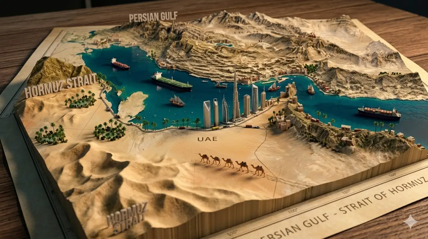 Maket peta relief 3D dari Selat Hormuz yang menunjukkan pesisir UEA dengan gedung pencakar langit dan gurun, serta pegunungan Iran, lengkap dengan miniatur kapal kargo dan label geografis.