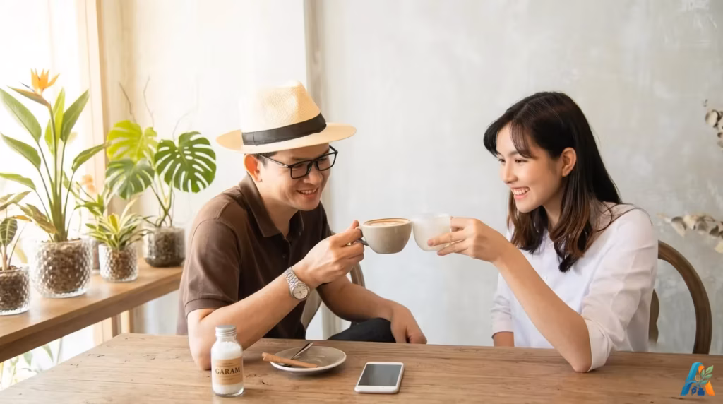 Dua cangkir kopi keramik khas Indonesia di meja kayu dengan taburan garam, menciptakan suasana hangat di kedai kopi bernuansa tradisional-modern.