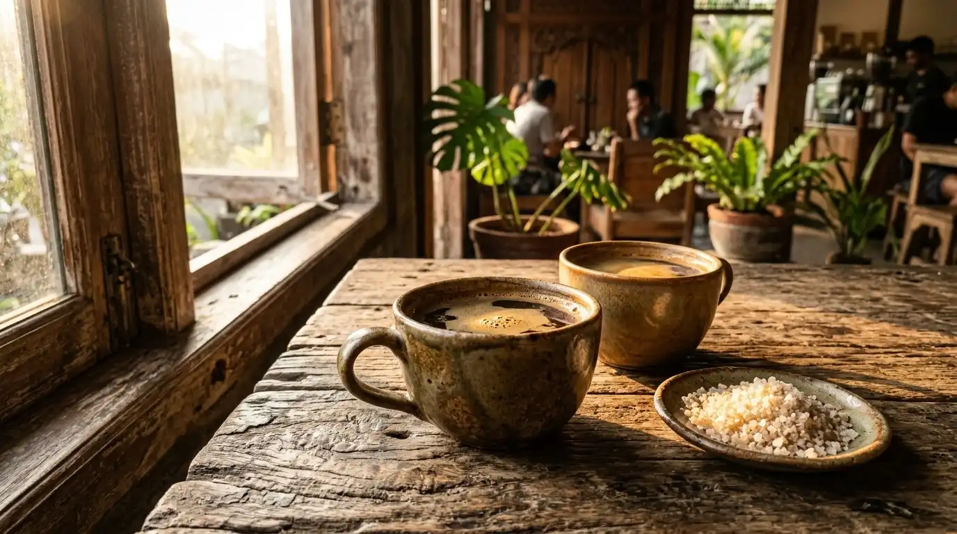 Dua cangkir kopi keramik khas Indonesia di meja kayu dengan taburan garam, menciptakan suasana hangat di kedai kopi bernuansa tradisional-modern.