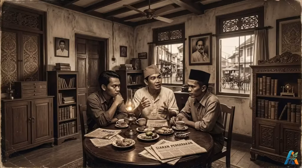 Soekarno, Muso, dan Kartosuwiryo berdiskusi di rumah H.O.S. Cokroaminoto, Surabaya, 1920-an