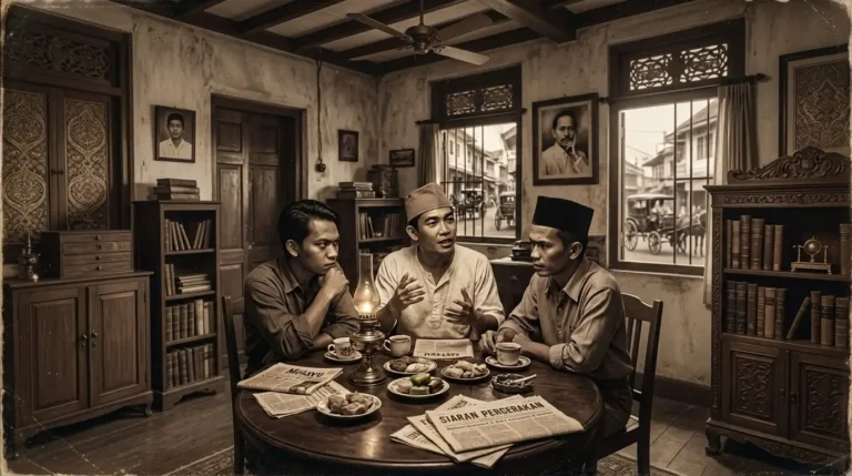 Soekarno, Muso, dan Kartosuwiryo berdiskusi di rumah H.O.S. Cokroaminoto, Surabaya, 1920-an