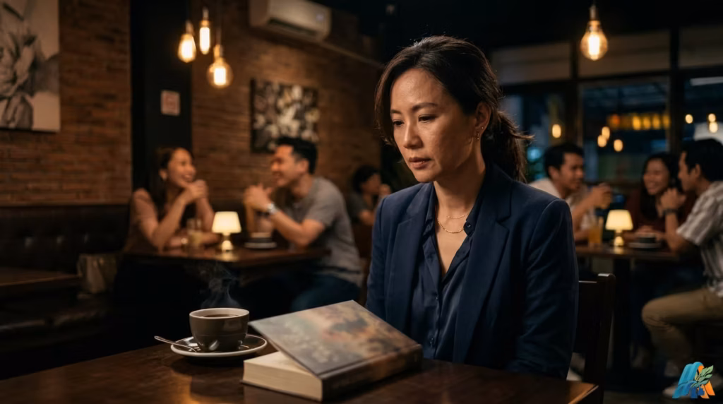 Seorang wanita paruh baya keturunan Tionghoa-Indonesia mengenakan blazer biru tua, duduk sendirian dengan tatapan kosong menghadap sebuah buku novel dan secangkir kopi hangat di meja kayu sebuah kafe berpencahayaan temaram pada malam hari, berlatar belakang pengunjung lain yang berpasangan.