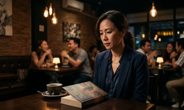 Seorang wanita paruh baya keturunan Tionghoa-Indonesia mengenakan blazer biru tua, duduk sendirian dengan tatapan kosong menghadap sebuah buku novel dan secangkir kopi hangat di meja kayu sebuah kafe berpencahayaan temaram pada malam hari, berlatar belakang pengunjung lain yang berpasangan.