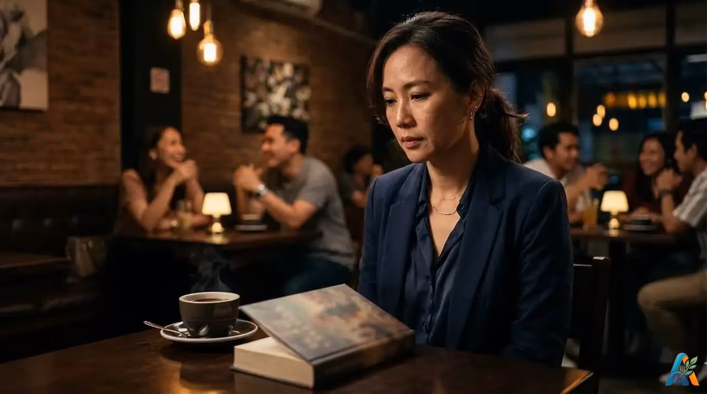 Seorang wanita paruh baya keturunan Tionghoa-Indonesia mengenakan blazer biru tua, duduk sendirian dengan tatapan kosong menghadap sebuah buku novel dan secangkir kopi hangat di meja kayu sebuah kafe berpencahayaan temaram pada malam hari, berlatar belakang pengunjung lain yang berpasangan.