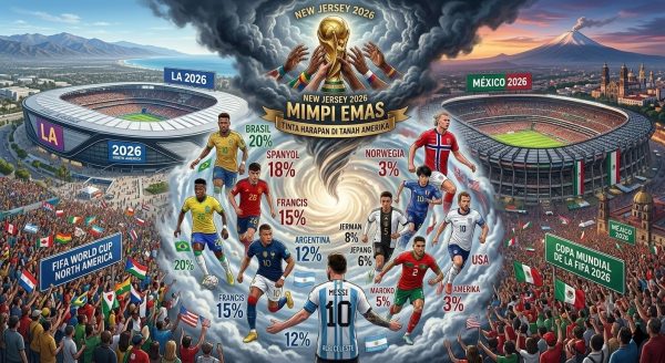 Ilustrasi infografis prediksi juara piala dunia amerika utara, menampilkan persentase peluang negara dan bintang sepak bola dunia.