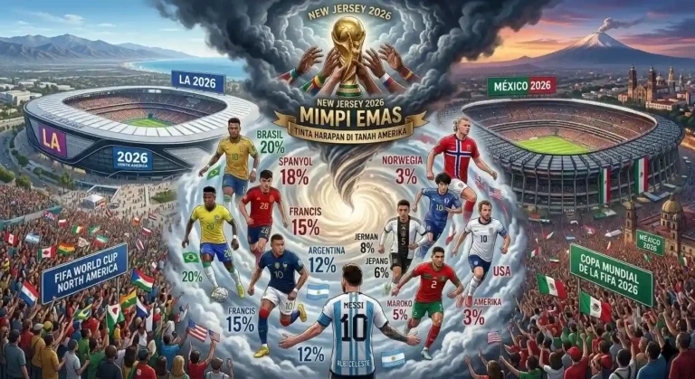 Ilustrasi infografis prediksi juara piala dunia amerika utara, menampilkan persentase peluang negara dan bintang sepak bola dunia.
