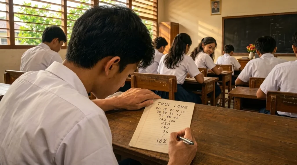 Ilustrasi suasana kelas SMP di Merauke pada awal 1990-an. Seorang anak laki-laki duduk menunduk di bangku kayu sambil menghitung permainan “TRUE LOVE” di atas selembar kertas, sementara beberapa teman sekelas berseragam putih-biru duduk di depannya. Seorang siswi di barisan depan menoleh ke belakang, dan cahaya pagi masuk lewat jendela kelas.