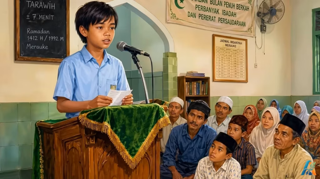 Ilustrasi suasana kultum Ramadan anak SMP di Masjid Spadem Merauke, berdiri di mimbar kayu beludru hijau di depan jamaah.