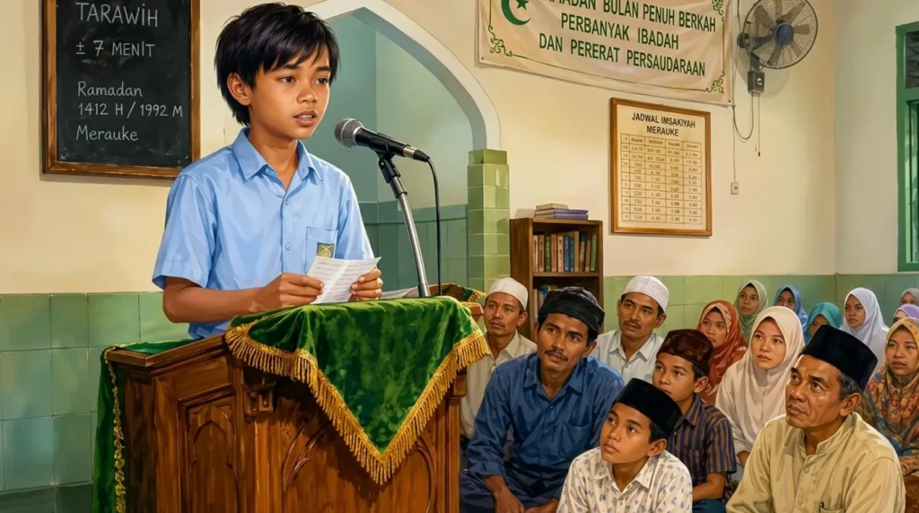 Ilustrasi suasana Ramadan di Masjid Spadem, Merauke, seorang anak laki-laki SMP berdiri gugup di balik mimbar kayu berlapis kain beludru hijau sambil memegang catatan kultum, menghadap jamaah yang duduk menunggu salat Tarawih.