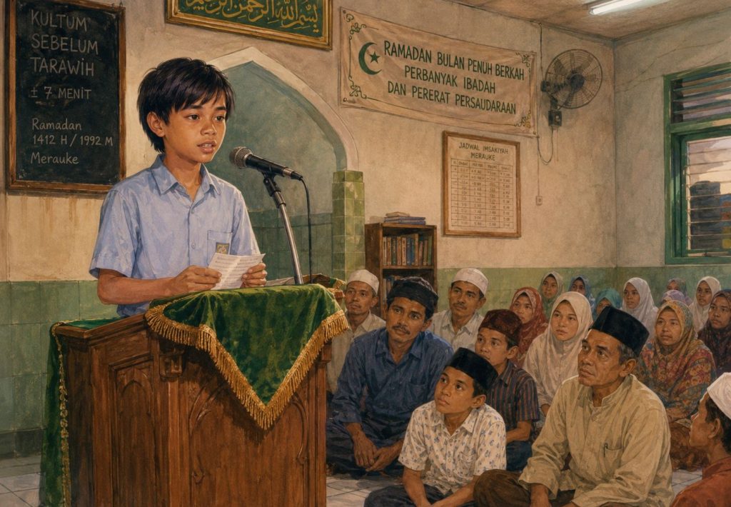 Ilustrasi suasana Ramadan di Masjid Spadem, Merauke, seorang anak laki-laki SMP berdiri gugup di balik mimbar kayu berlapis kain beludru hijau sambil memegang catatan kultum, menghadap jamaah yang duduk menunggu salat Tarawih.