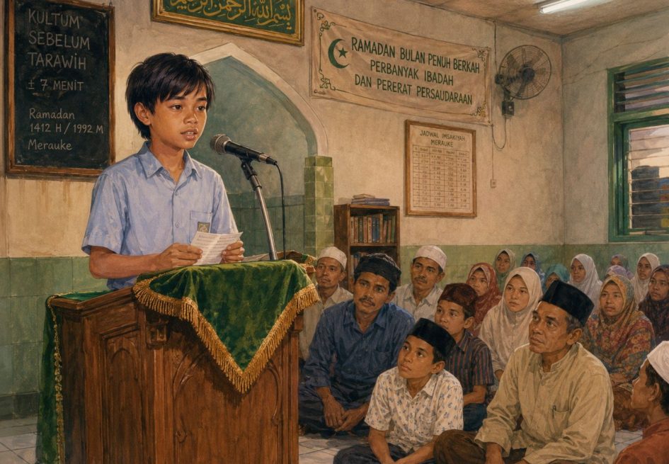 Ilustrasi suasana Ramadan di Masjid Spadem, Merauke, seorang anak laki-laki SMP berdiri gugup di balik mimbar kayu berlapis kain beludru hijau sambil memegang catatan kultum, menghadap jamaah yang duduk menunggu salat Tarawih.