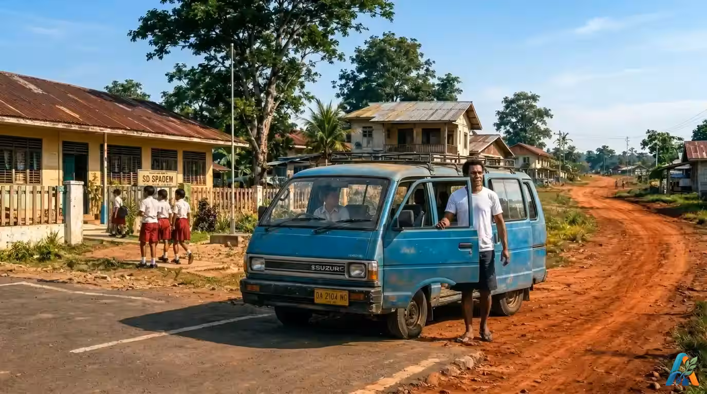 Ilustrasi Ujung Aspal dekat SD Spadem Merauke tahun 1980-an, taksi Suzuki Carry biru berhenti di batas jalan aspal dan tanah merah.