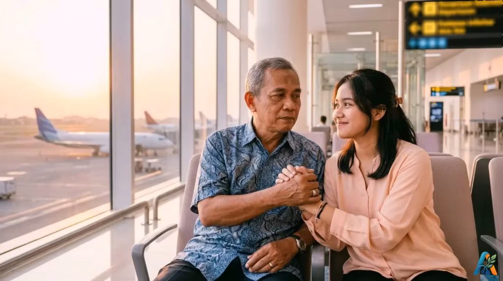 Genggaman tangan ayah dan anak di bandara dengan cahaya matahari senja yang hangat, merefleksikan kasih sayang dan perpisahan yang mendalam.