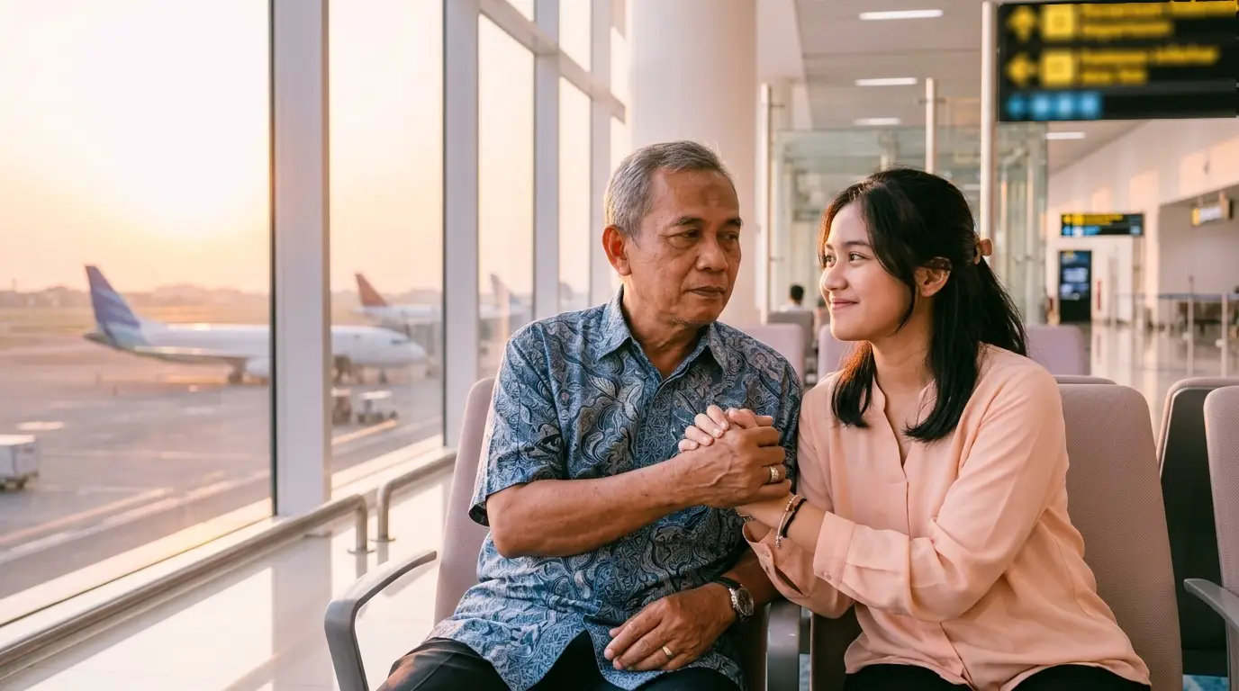 Ayah dan anak gadis berpegangan tangan di ruang tunggu bandara Jakarta saat senja, pesawat terlihat di jendela.