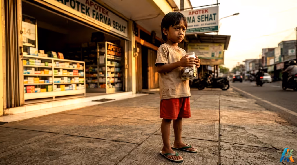Seorang anak laki-laki Indonesia berdiri di luar apotek memegang toples uang logam.