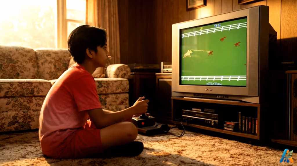 Tomi berkaos merah duduk di lantai ruang keluarga bergaya vintage, bermain video game 8-bit di TV Sony CRT dengan joystick Atari 2600