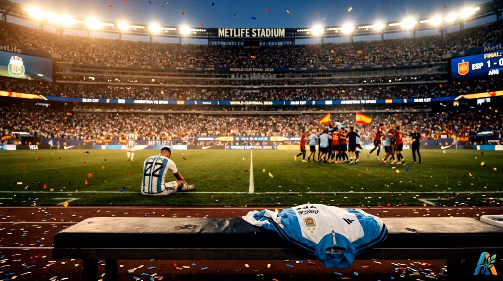 Pemandangan Stadion MetLife setelah final Piala Dunia 2026, menampilkan pemain Argentina yang sedih duduk di lapangan sementara tim Spanyol merayakan kemenangan.