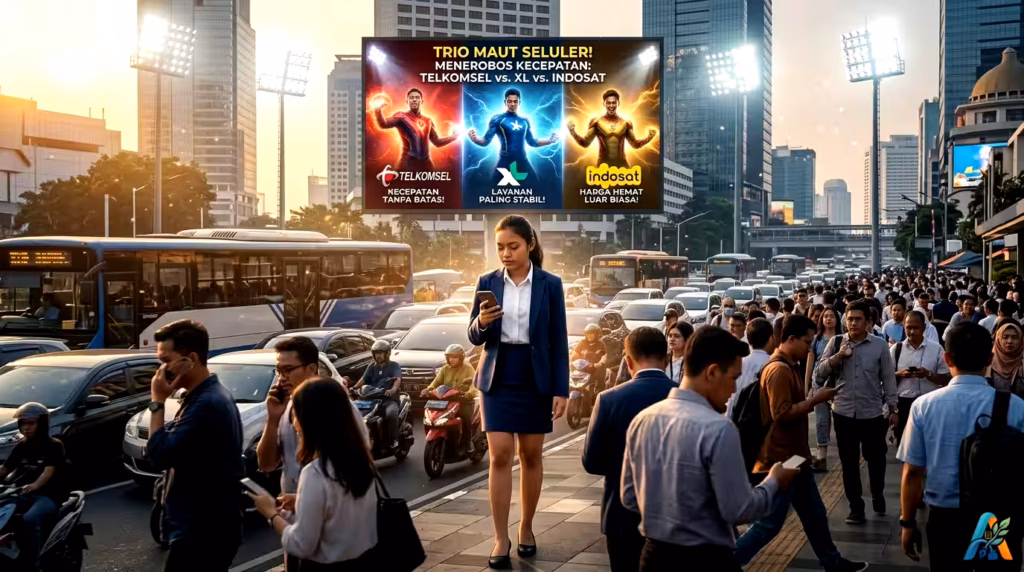 Pemandangan lalu lintas macet di jalan raya Jakarta saat sore, dengan latar belakang layar iklan LED besar bertema superhero operator seluler Indonesia.
