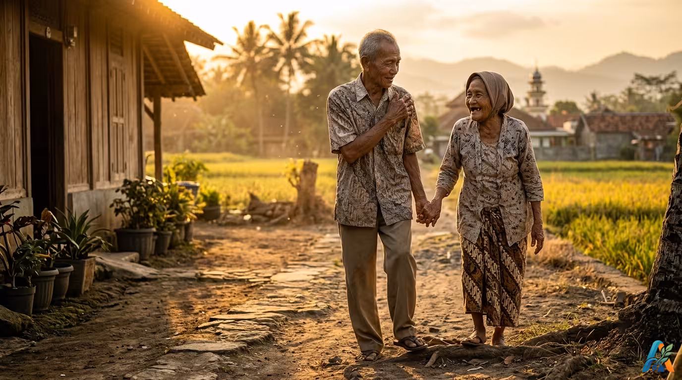 Kakek Kasman menuntun Nenek Parti berjalan bergandengan tangan menyusuri jalan setapak desa berlatar sawah saat golden hour sore hari.
