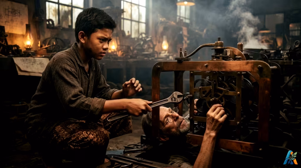 Seorang anak laki-laki Indonesia dengan pakaian tradisional berjongkok membantu seorang penemu Eropa memperbaiki mekanisme jam kuno di bengkel yang penuh uap.