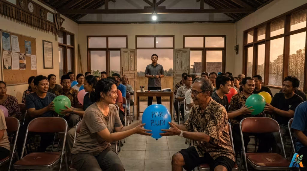 Mbak Lastri tersenyum tulus menyerahkan balon biru "PAK BUDI" kepada Pak Budi di Balai Desa Sukamaju, dikelilingi warga yang saling bertukar balon.