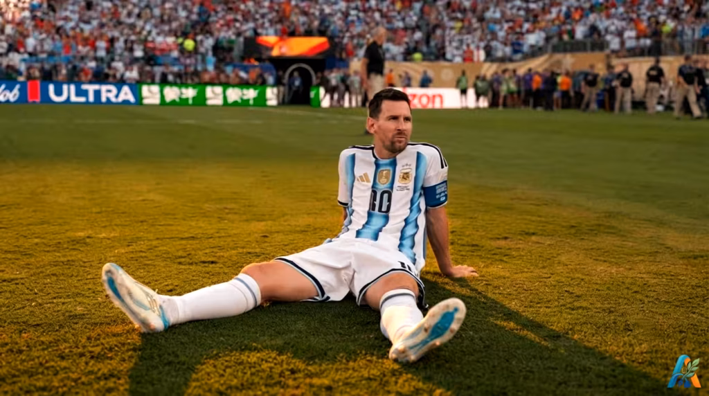 Lionel Messi duduk di lapangan rumput stadion setelah pertandingan sepak bola dengan pencahayaan senja yang hangat.