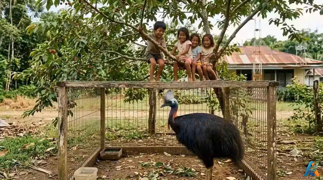 Anak-anak duduk di pohon kersen di atas kandang berisi burung kasuari dewasa, berlatar pemukiman rimbun Merauke.
