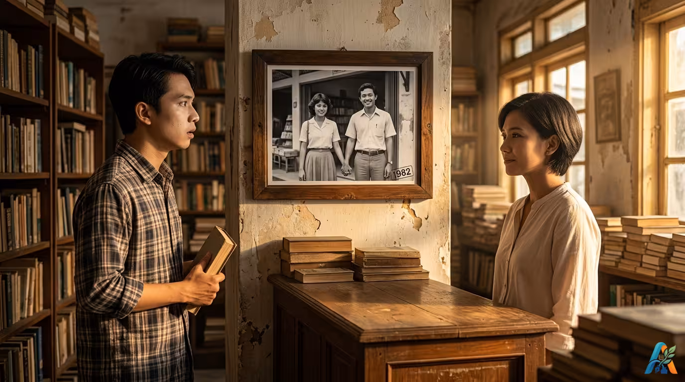 Bram terkejut melihat foto tahun 1982 di toko buku Pustaka Sukma, wajah Indira di foto sama persis dengan Indira di depannya.