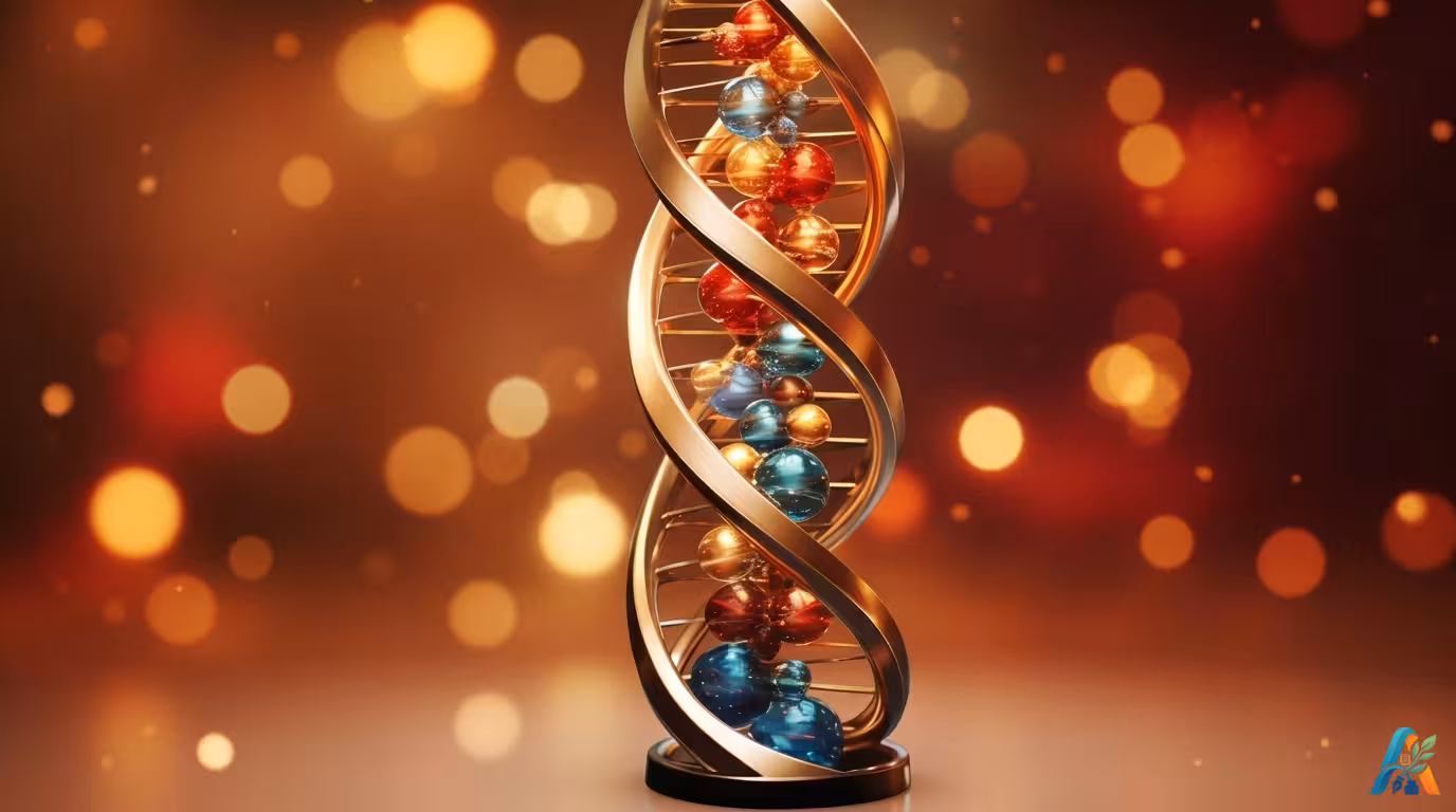 Model DNA helix ganda emas dengan manik-manik kaca biru, merah, dan emas di atas meja dengan latar belakang bokeh hangat.